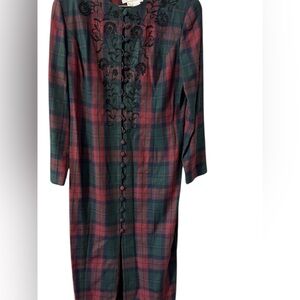 Vintage Sarah Elizabeth Plaid Button-Up Dress with Black Embroidery Size 14